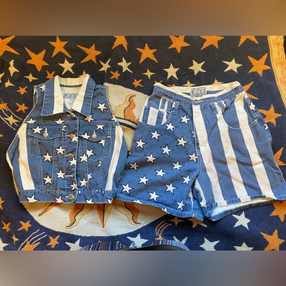 70s/80s style jean shorts and vest set, 4th of July, American, squeeze jeans